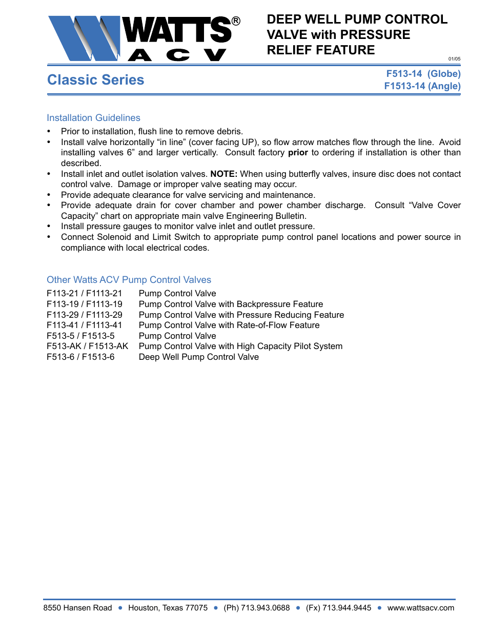 Classic series | Watts F1513-14 User Manual | Page 2 / 2
