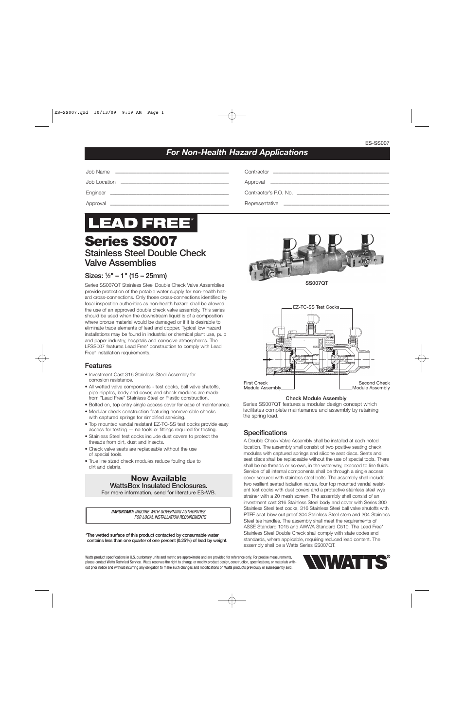 Watts SS007 User Manual | 2 pages