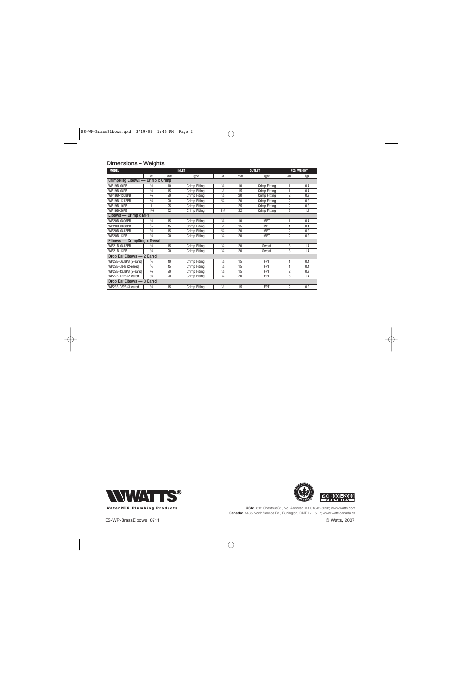 Dimensions – weights | Watts WP23B User Manual | Page 2 / 2