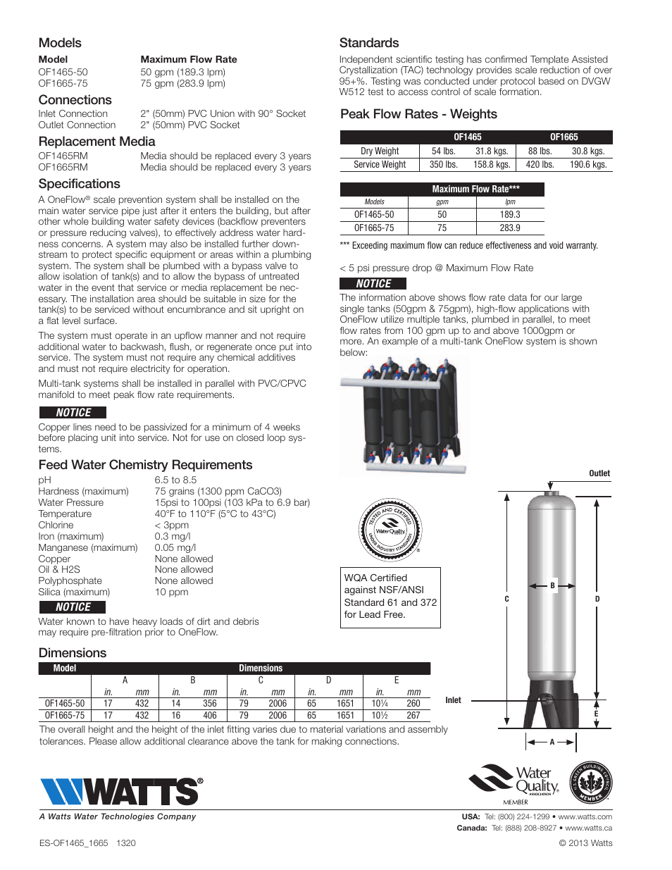 Models, Connections, Replacement media | Specifications, Feed water chemistry requirements, Standards, Peak flow rates - weights, Dimensions | Watts OF1665-75 User Manual | Page 2 / 2