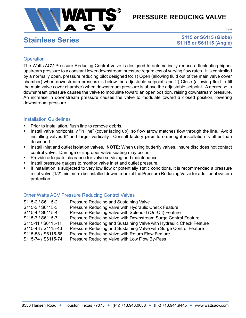 Watts S1115 User Manual | 1 page