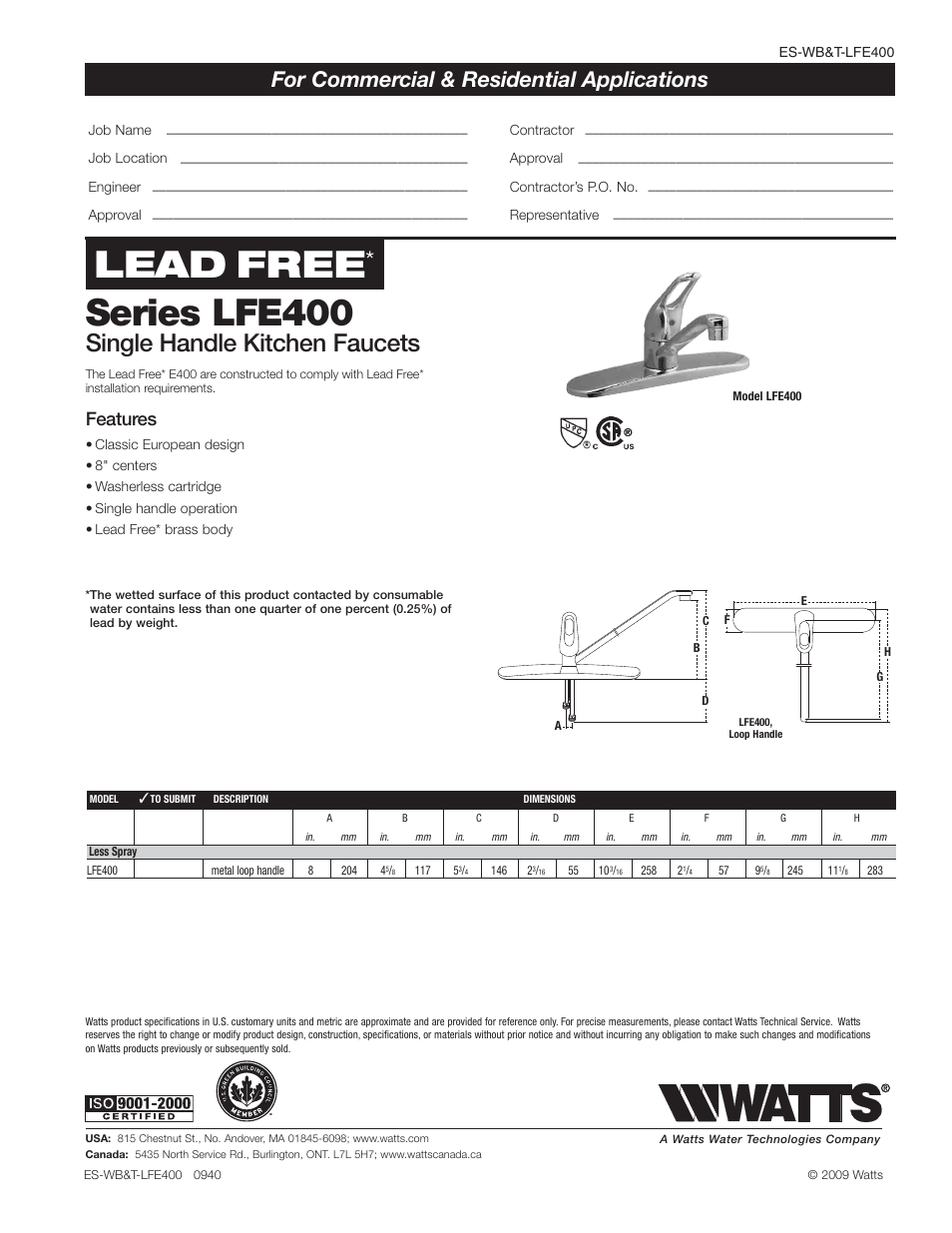 Watts LFE400 User Manual | 1 page