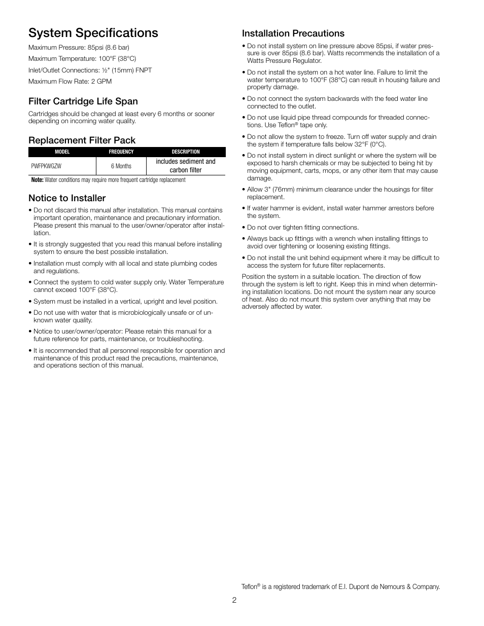 System specifications, Filter cartridge life span, Notice to installer | Installation precautions, Replacement filter pack | Watts PWDWRVWG2 User Manual | Page 2 / 4