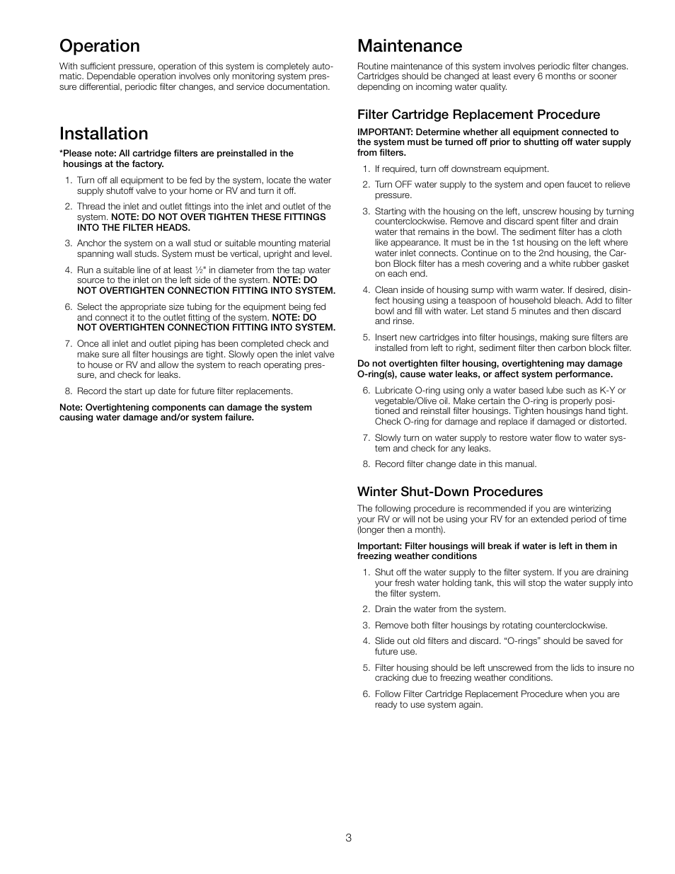Operation, Installation, Maintenance | Filter cartridge replacement procedure, Winter shut-down procedures | Watts PWDWRVWG2 User Manual | Page 3 / 4