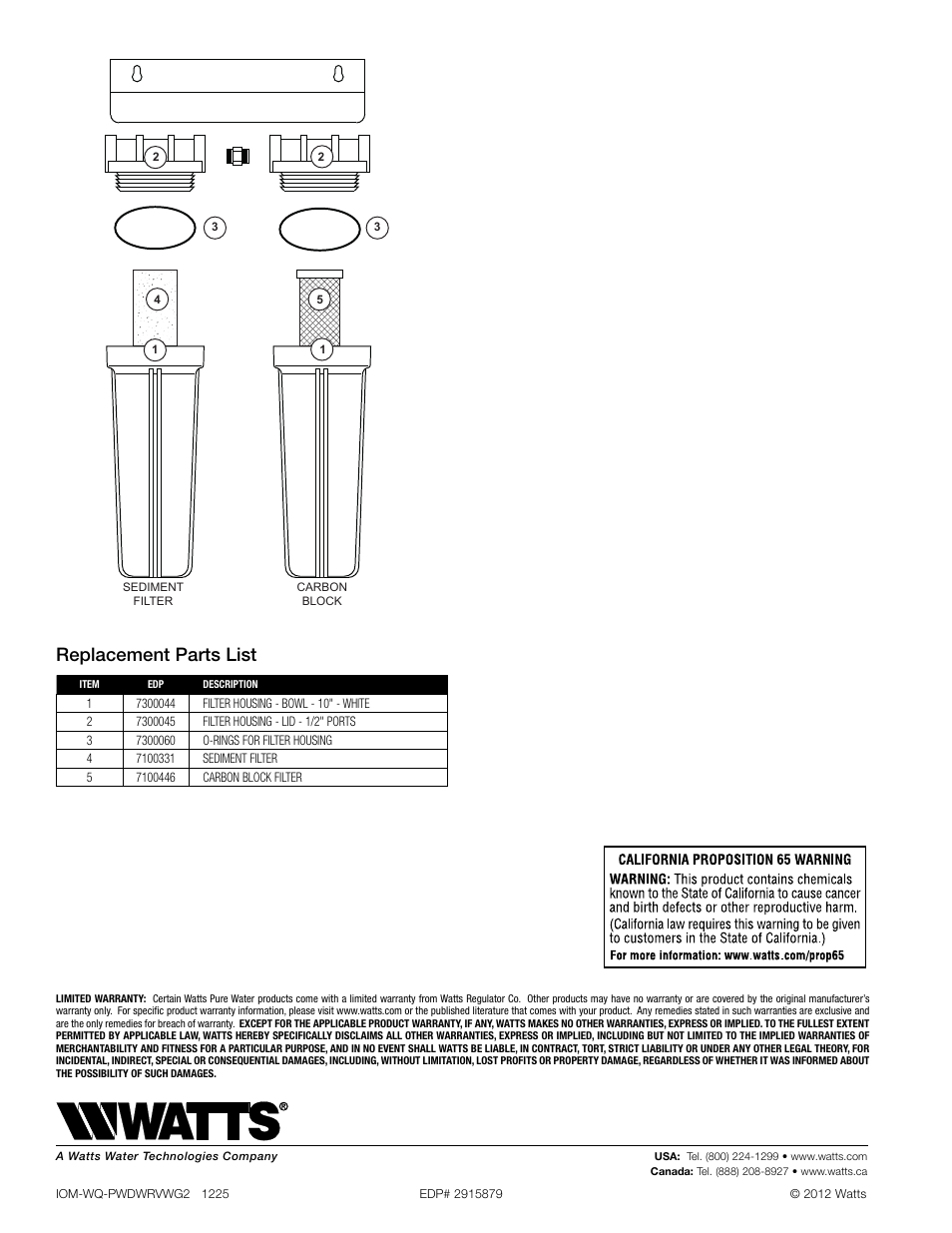 Replacement parts list | Watts PWDWRVWG2 User Manual | Page 4 / 4