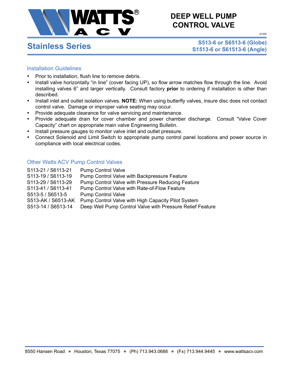 Stainless series, Deep well pump control valve | Watts S1513-6 User Manual | Page 2 / 2