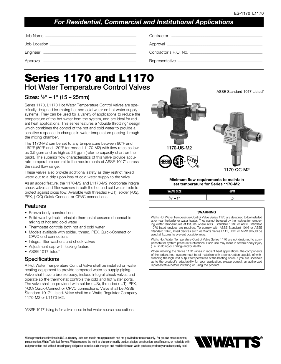 Watts L1170 User Manual | 2 pages