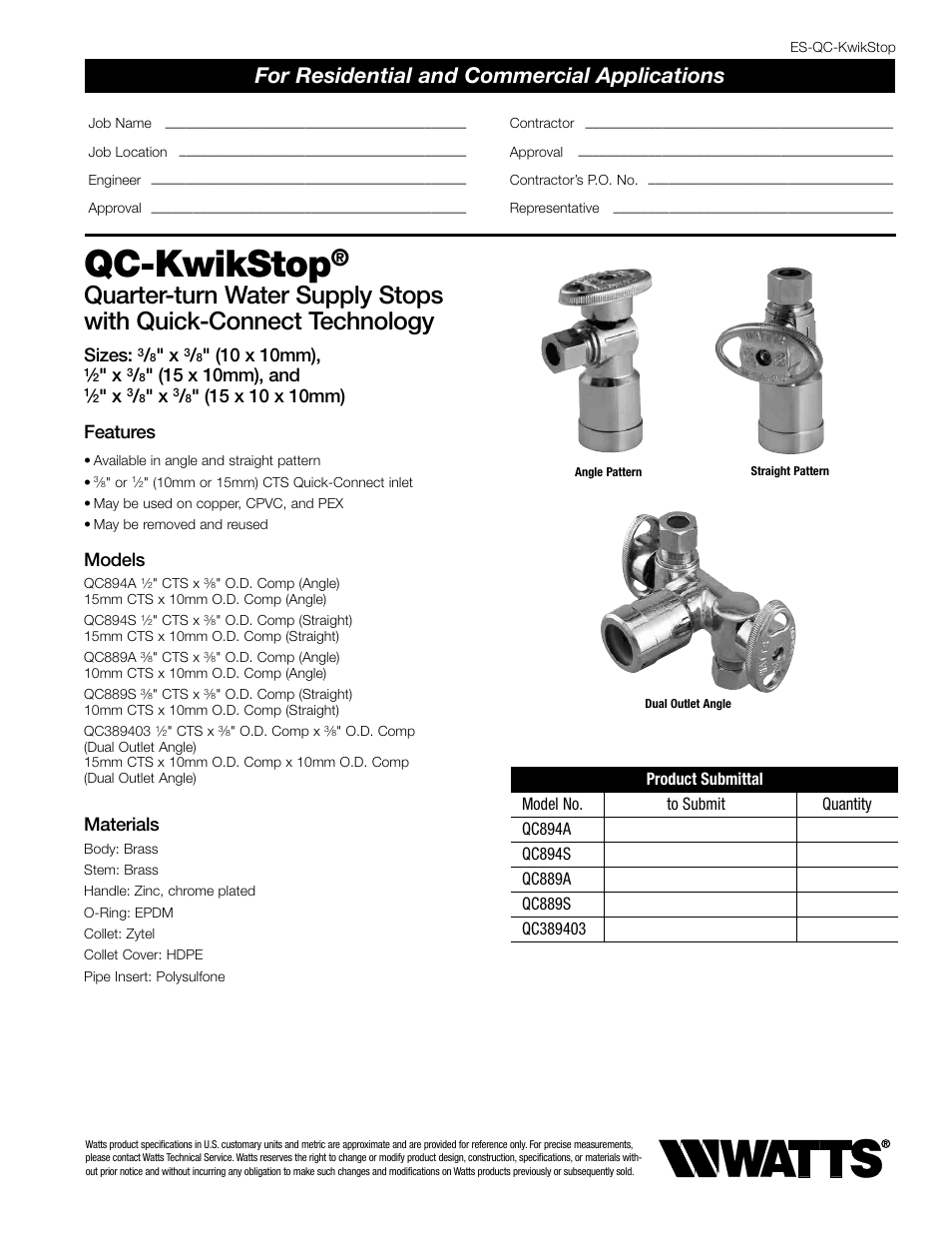 Watts QC894S User Manual | 2 pages