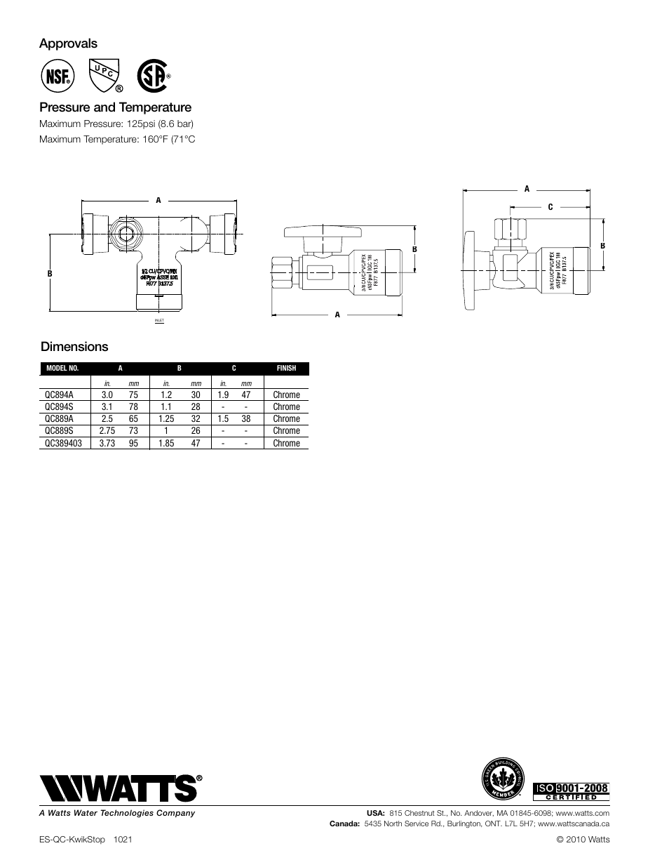 Dimensions, Approvals pressure and temperature | Watts QC894S User Manual | Page 2 / 2