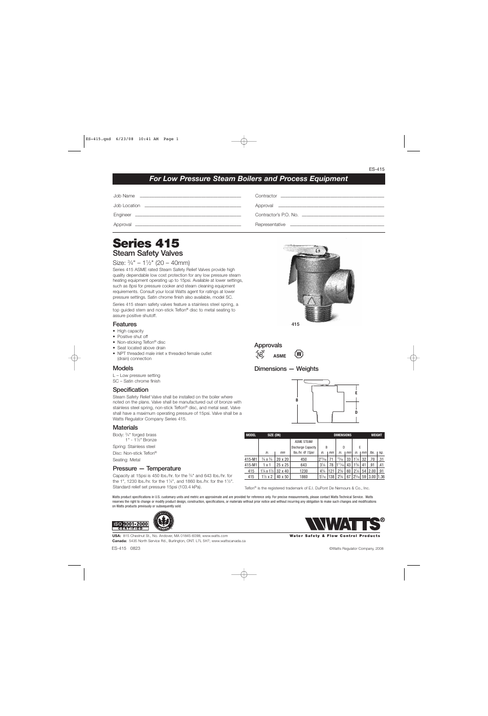 Watts 415 User Manual | 1 page