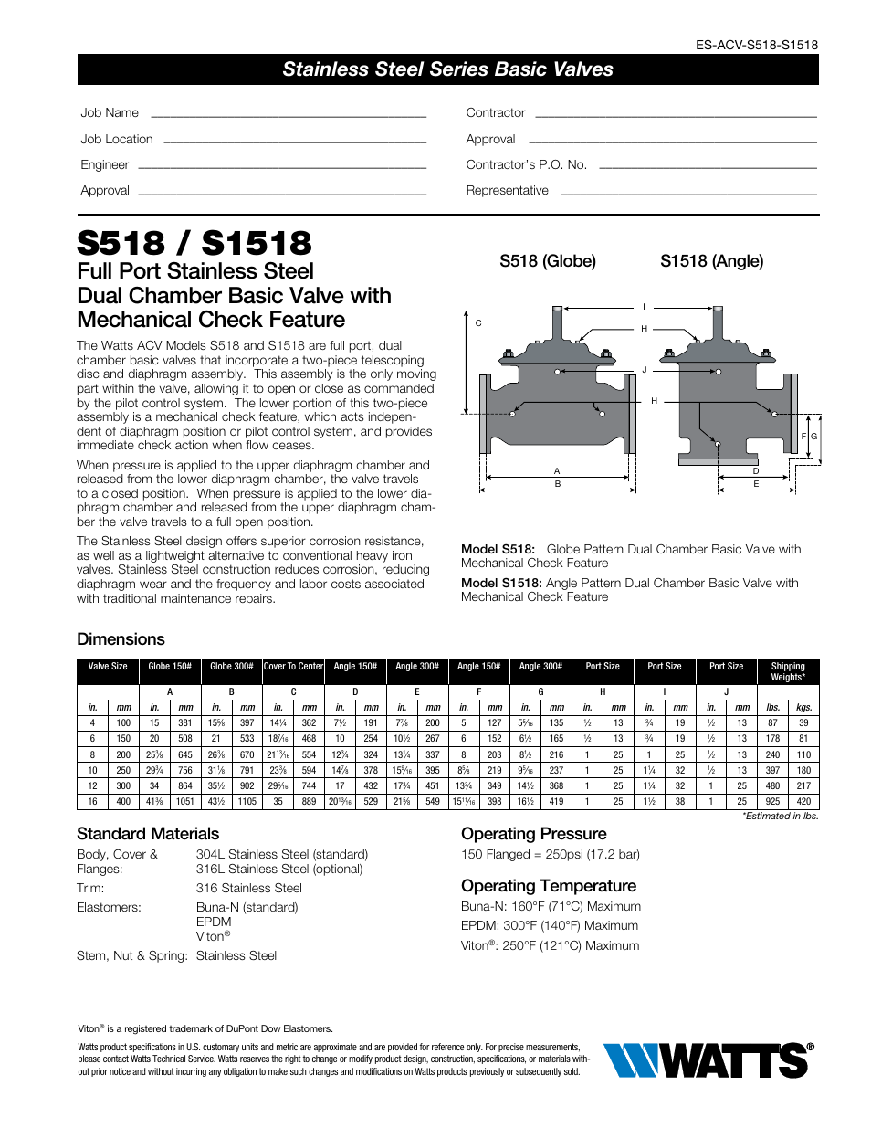 Watts S518 / S1518 User Manual | 2 pages