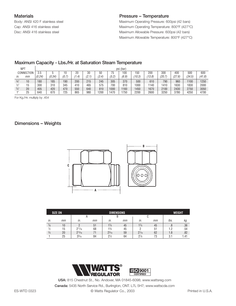 Materials, Dimensions – weights pressure – temperature | Watts WTD User Manual | Page 2 / 2