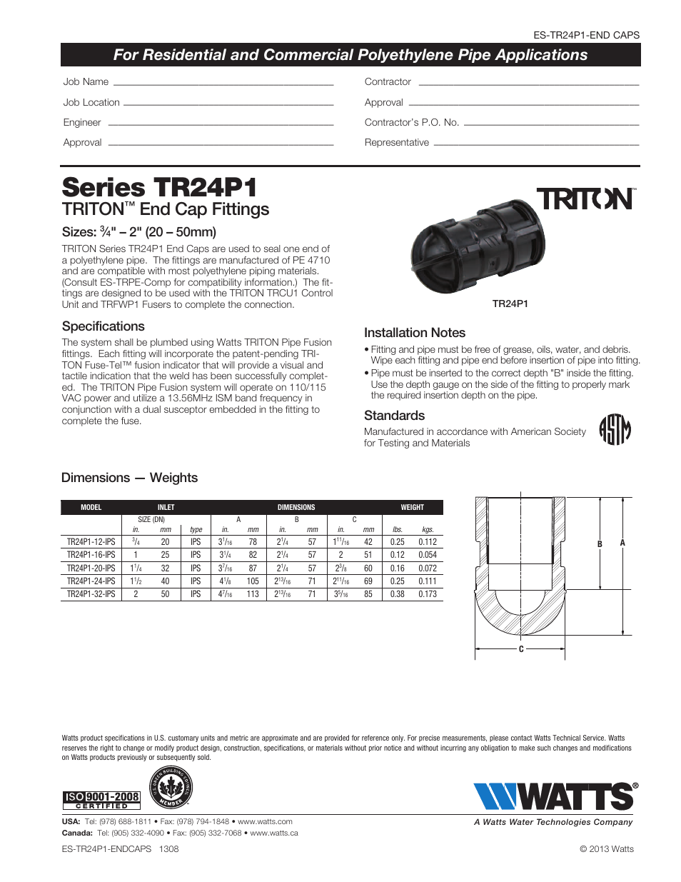 Watts TR24P1 IPS Caps User Manual | 1 page