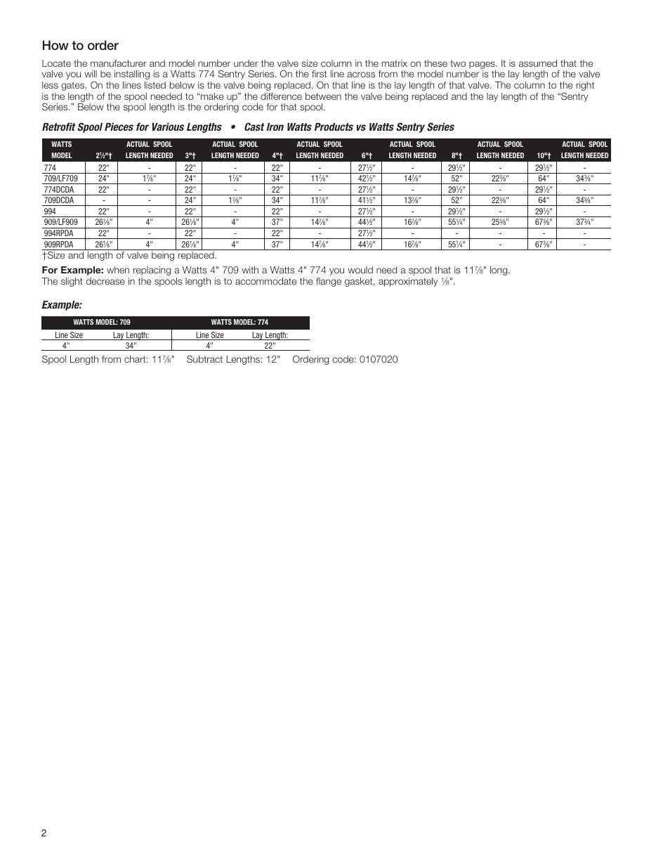 How to order, Example, Spool length from chart: 11 | Watts Spools User Manual | Page 2 / 4