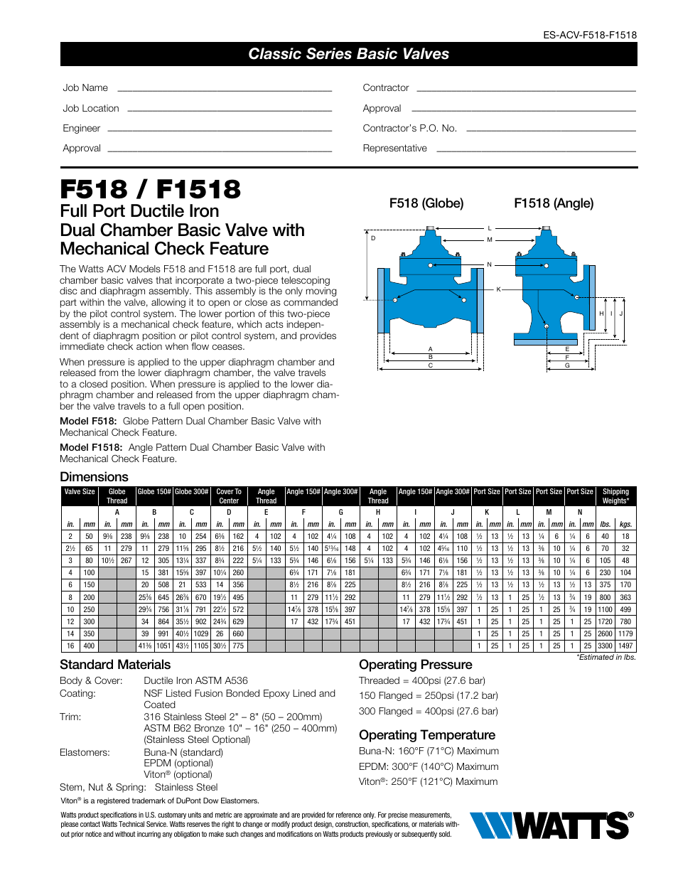 Watts F518 / F1518 User Manual | 2 pages