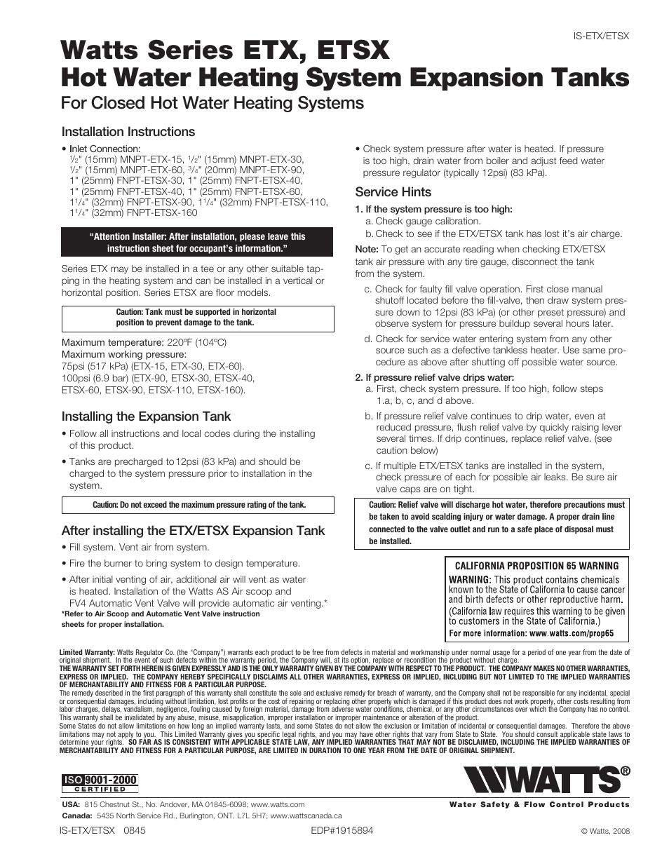 Watts ETSX User Manual | 1 page