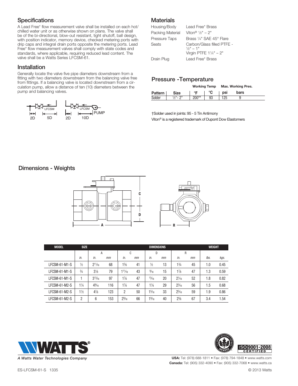 Dimensions - weights materials, Specifications, Installation | Pressure -temperature | Watts LFCSM-61-S User Manual | Page 2 / 2