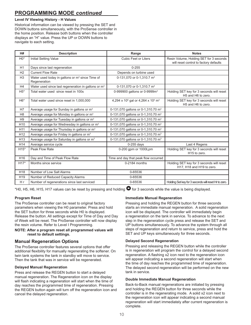 Programming mode continued, Manual regeneration options | Watts ProSense User Manual | Page 10 / 30