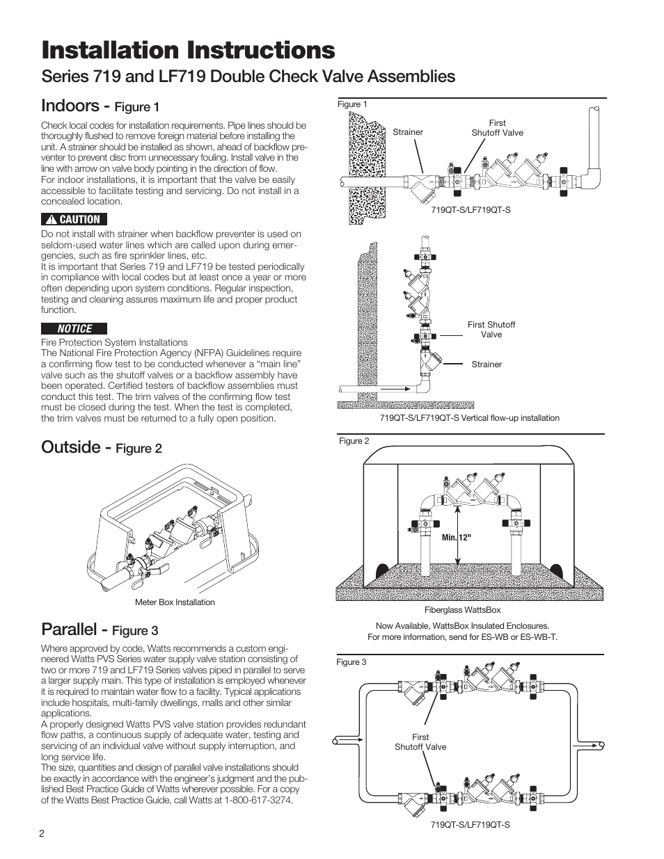 Installation instructions, Indoors, Outside | Parallel, Figure 1, Figure 2, Figure 3 | Watts LF719 User Manual | Page 2 / 4