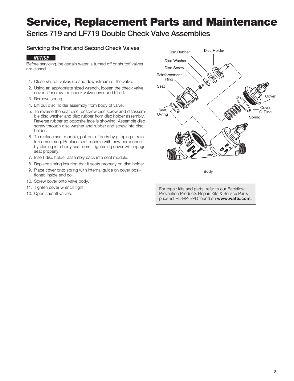 Service, replacement parts and maintenance, Servicing the first and second check valves | Watts LF719 User Manual | Page 3 / 4