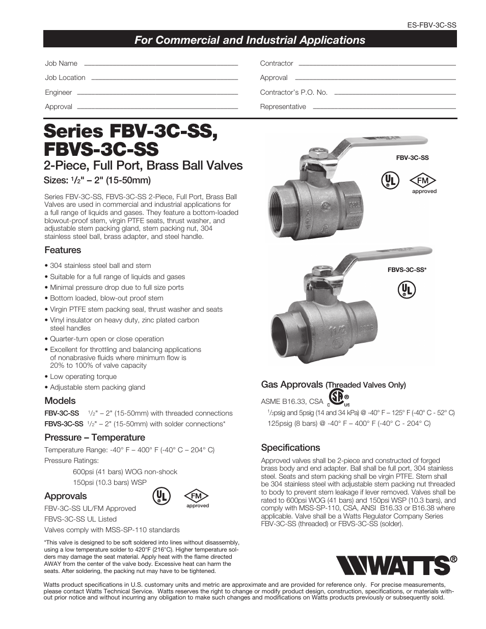 Watts FBVS-3C-SS User Manual | 2 pages