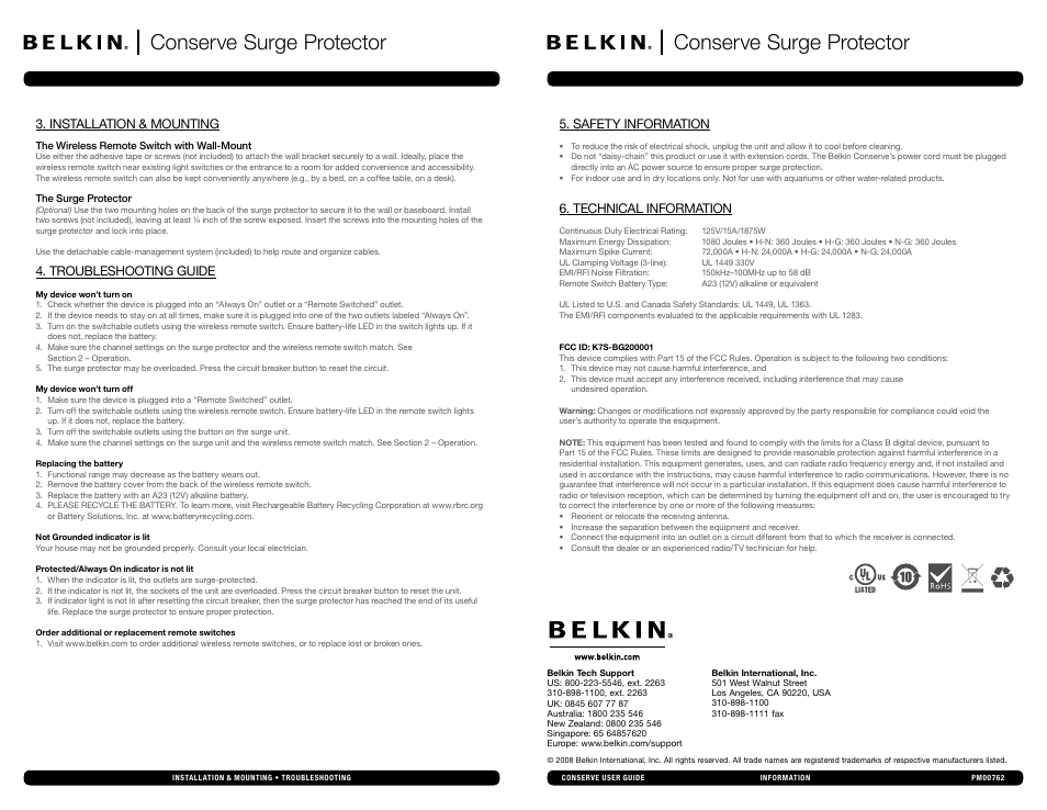 Conserve surge protector, Installation & mounting, Troubleshooting guide | Safety information, Technical information | Belkin Conserve Surge Protector User Manual | Page 2 / 2