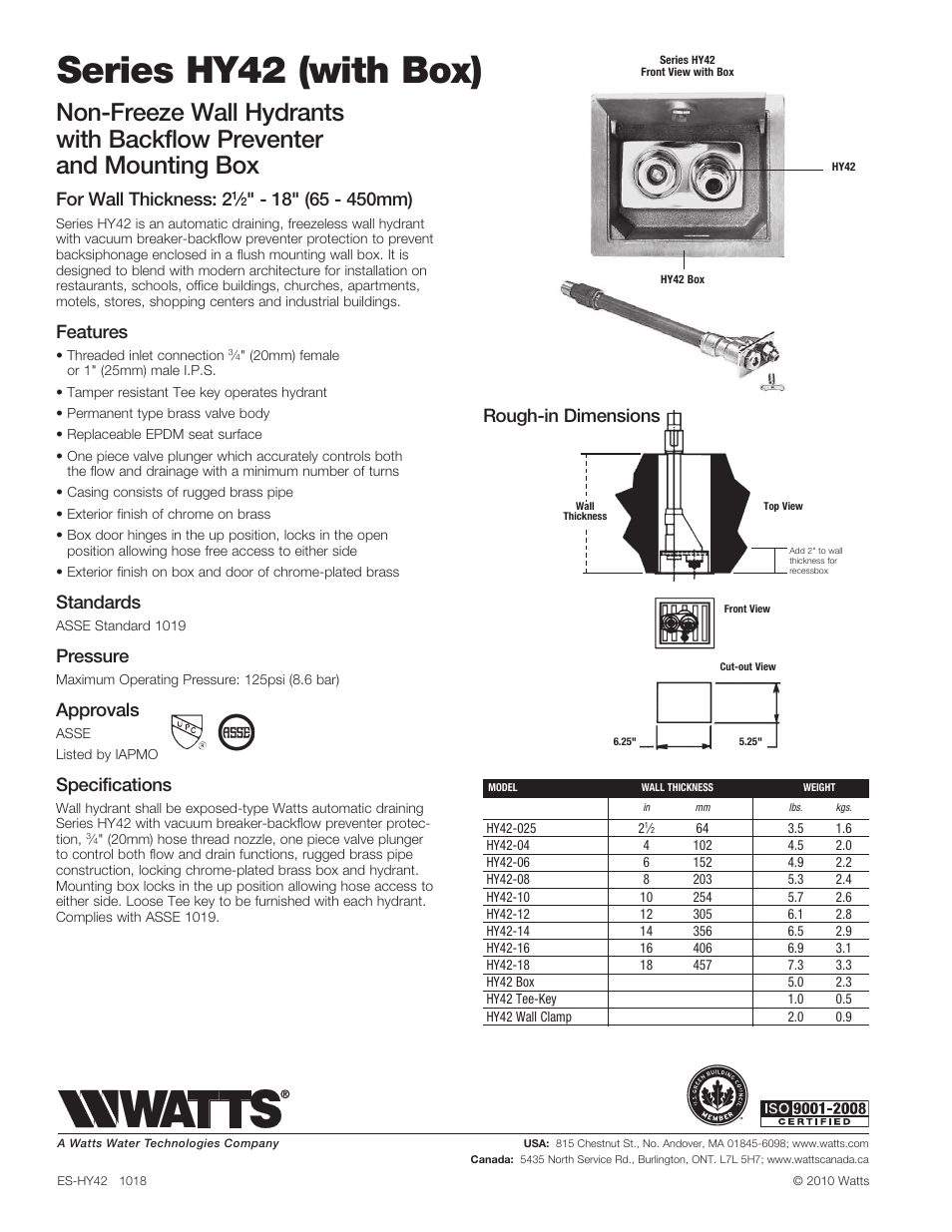 Series hy42 (with box), For wall thickness: 2, Features | Standards, Pressure, Approvals, Specifications, Rough-in dimensions | Watts HY42 User Manual | Page 2 / 2