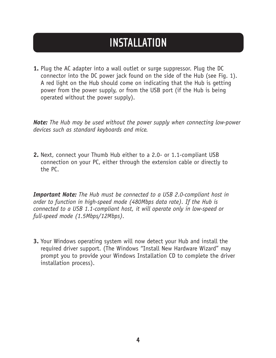 Installation | Belkin THUMB HUB F5U218-MOB User Manual | Page 6 / 9