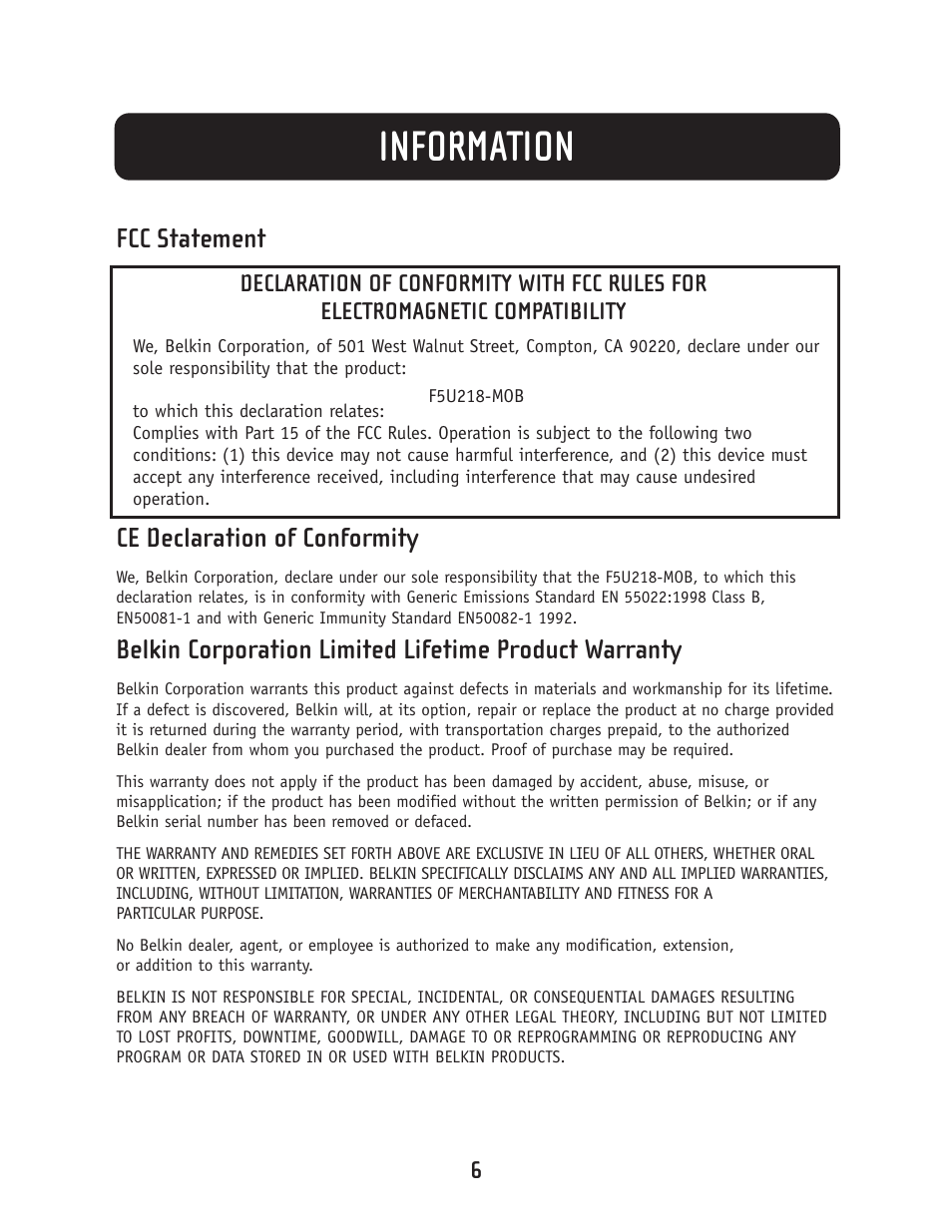 Information, Fcc statement, Ce declaration of conformity | Belkin THUMB HUB F5U218-MOB User Manual | Page 8 / 9