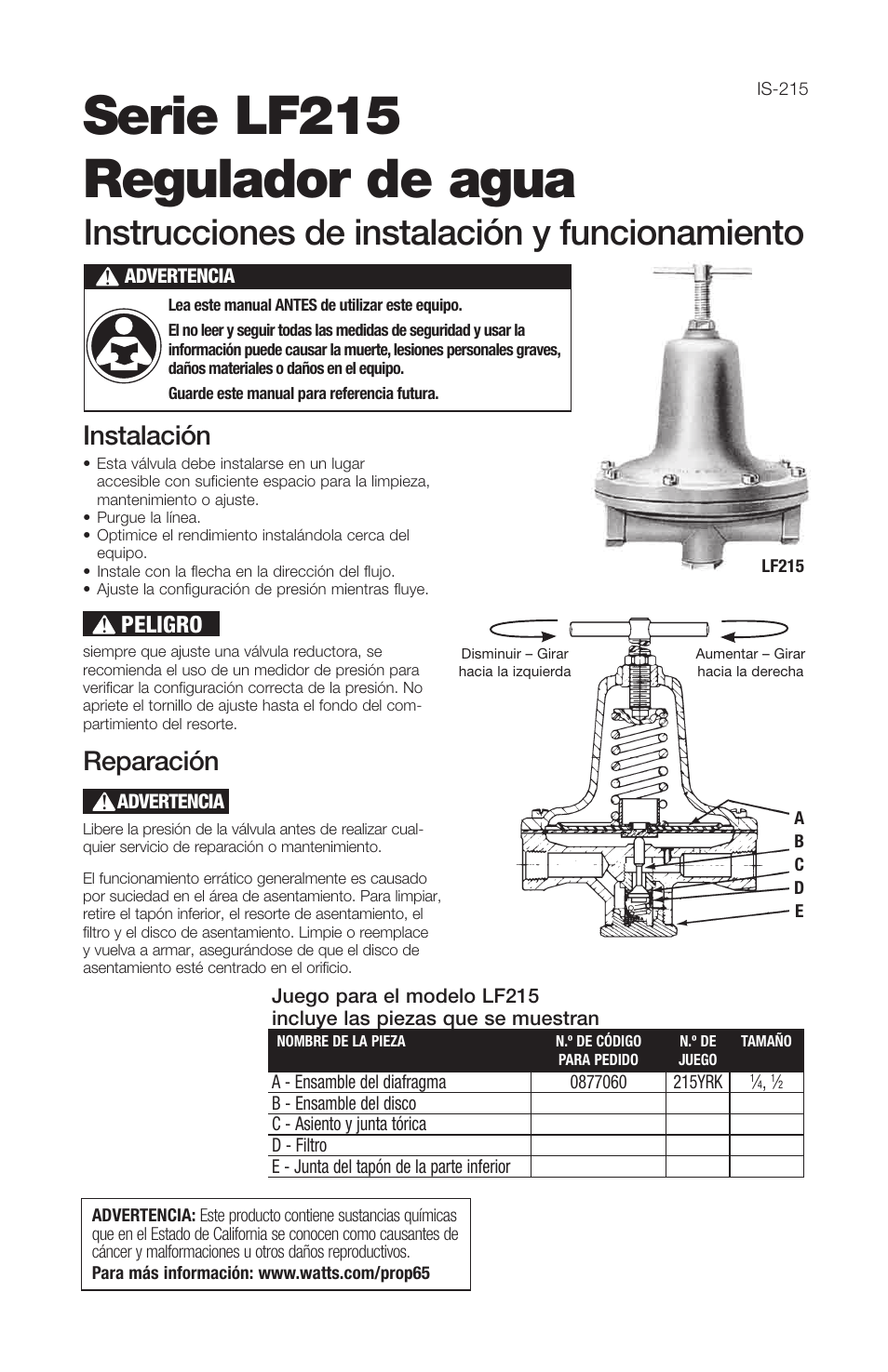 Serie lf215 regulador de agua, Instrucciones de instalación y funcionamiento, Instalación | Reparación, Peligro | Watts LF215 User Manual | Page 2 / 4