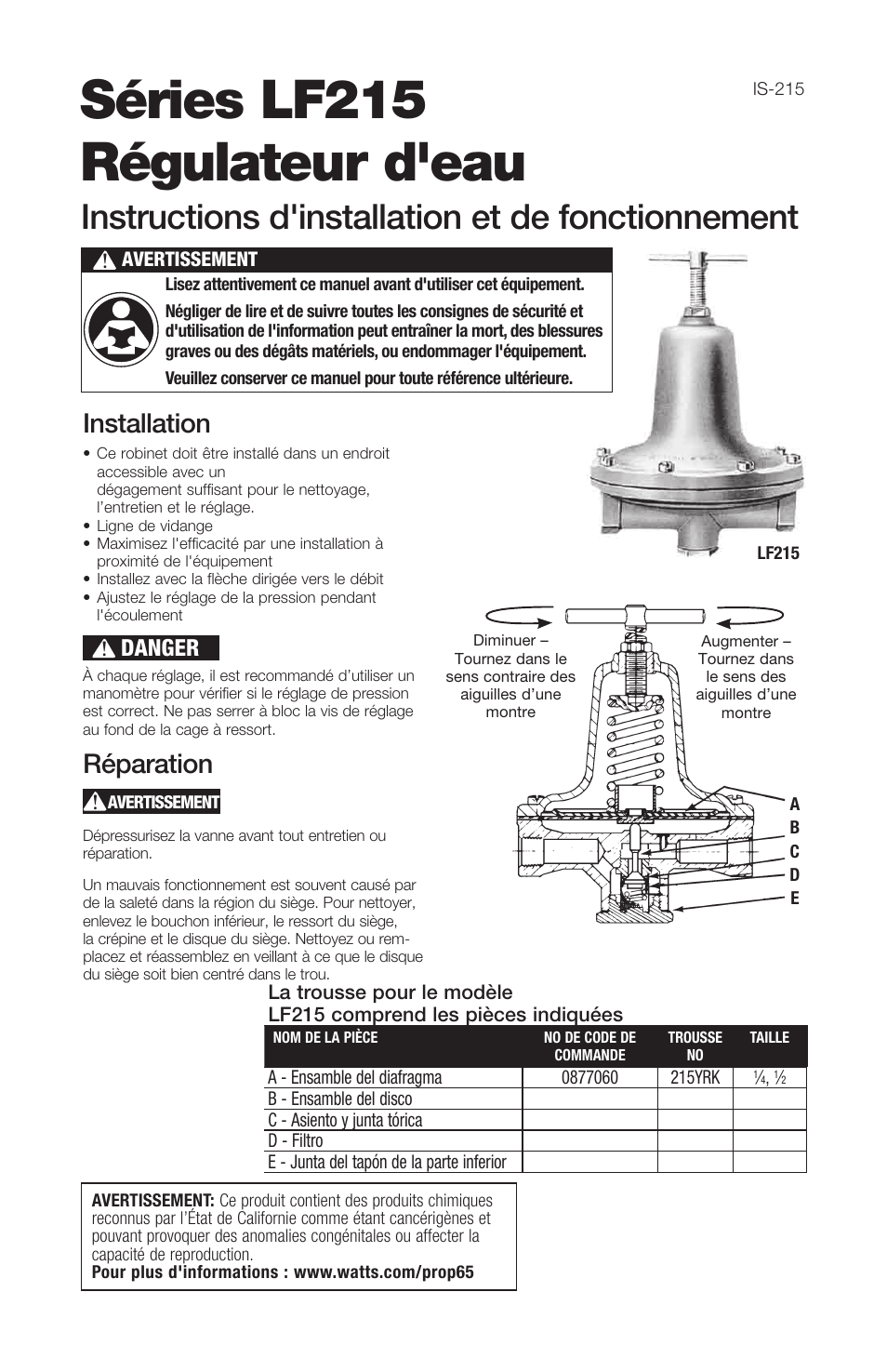 Séries lf215 régulateur d'eau, Instructions d'installation et de fonctionnement, Installation | Réparation, Danger | Watts LF215 User Manual | Page 3 / 4