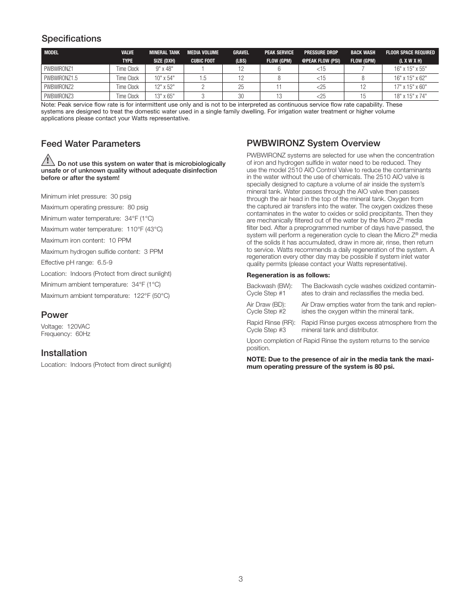 Specifications feed water parameters, Power, Installation | Pwbwironz system overview | Watts PWBWIRONZ User Manual | Page 3 / 8
