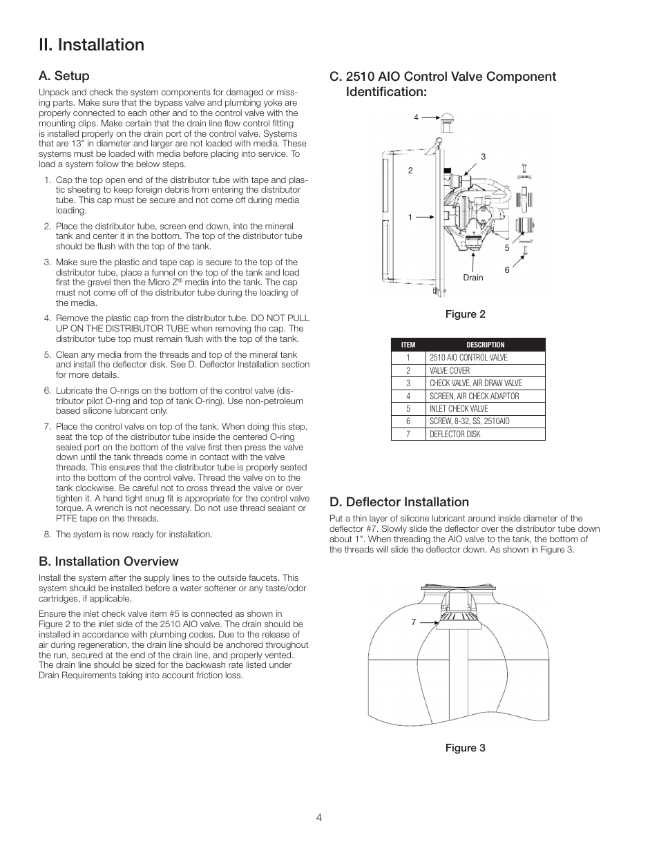 Ii. installation, A. setup, B. installation overview | C. 2510 aio control valve component identification, D. deflector installation | Watts PWBWIRONZ User Manual | Page 4 / 8