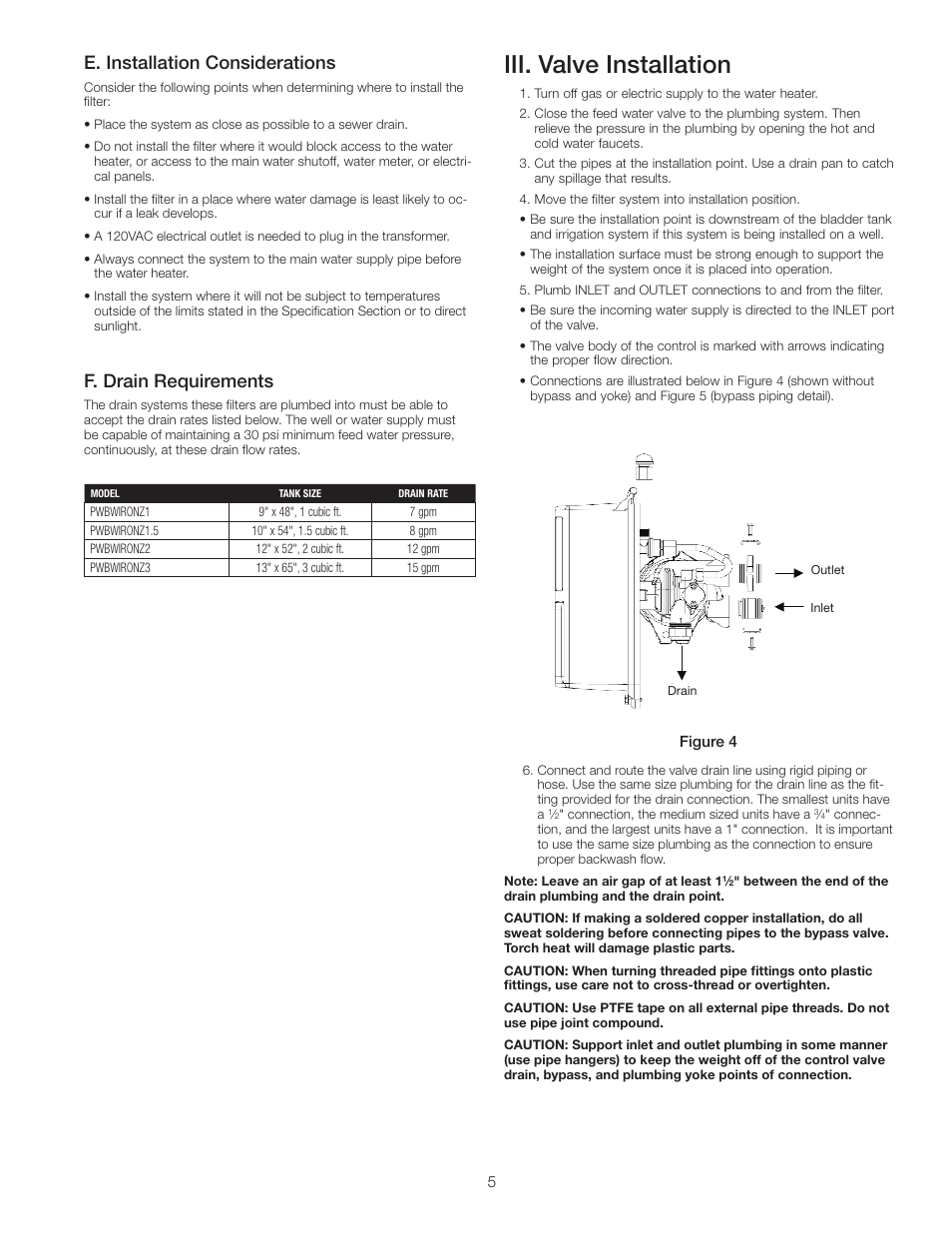 Iii. valve installation, E. installation considerations, F. drain requirements | Watts PWBWIRONZ User Manual | Page 5 / 8