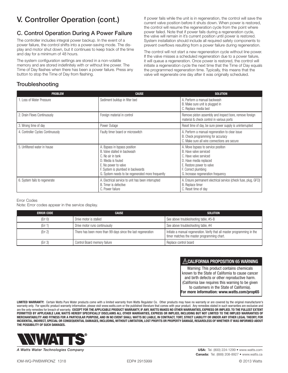 V. controller operation (cont.), C. control operation during a power failure, Troubleshooting | Watts PWBWIRONZ User Manual | Page 8 / 8