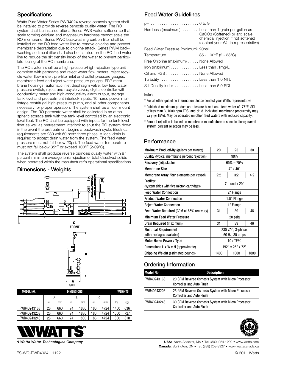 Dimensions - weights, Specifications, Feed water guidelines | Performance, Ordering information | Watts PWR4024 User Manual | Page 2 / 2