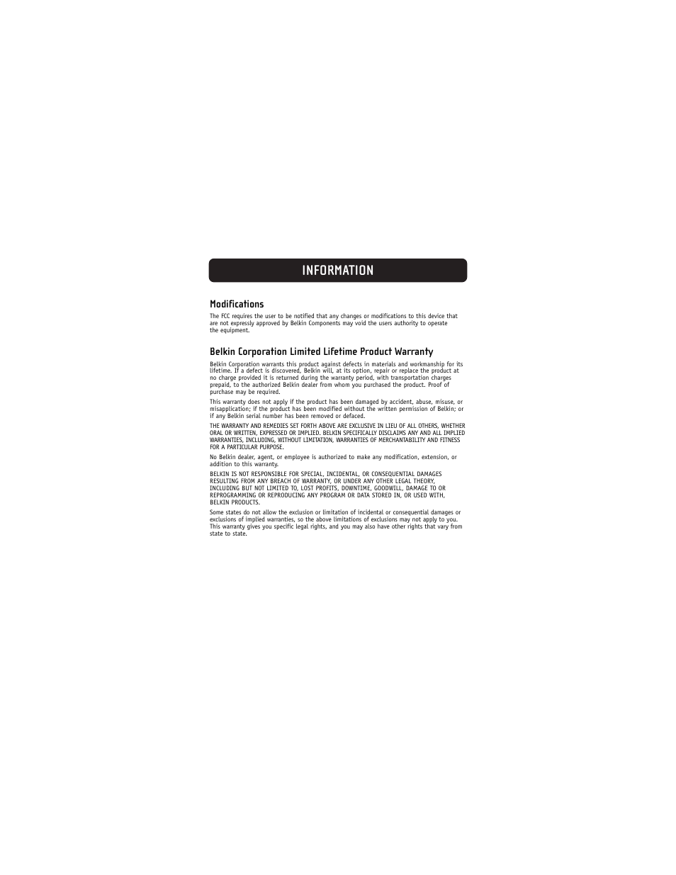 Information, Modifications | Belkin F8E832-BNDL User Manual | Page 13 / 16