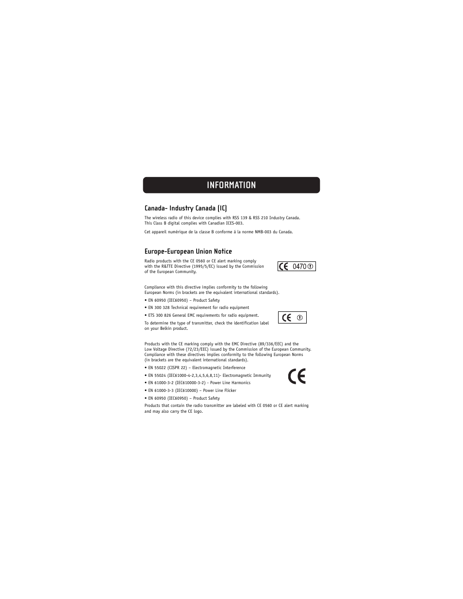 Information, Canada- industry canada (ic), Europe-european union notice | Belkin F8E832-BNDL User Manual | Page 14 / 16