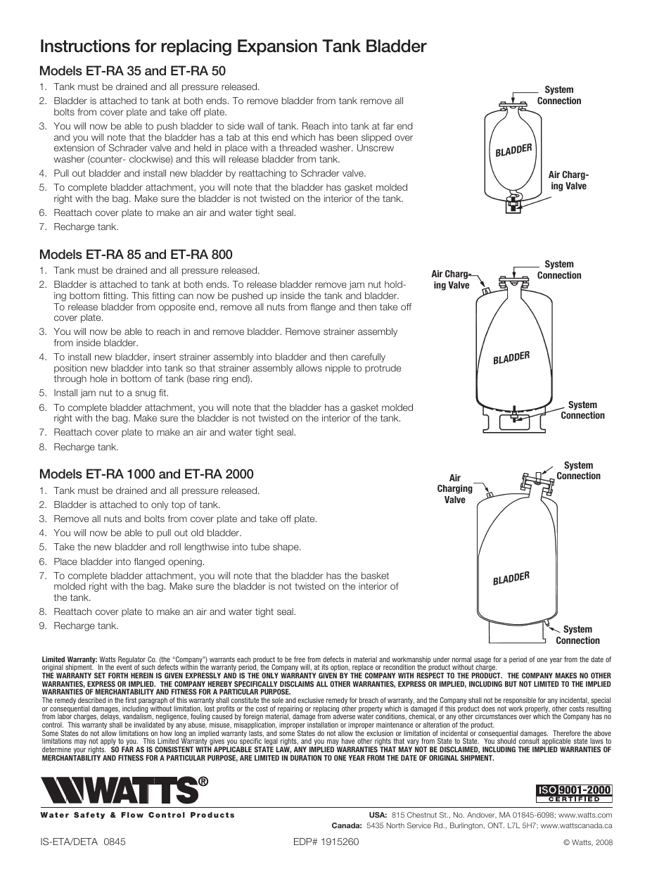 Instructions for replacing expansion tank bladder, Models et-ra 35 and et-ra 50 | Watts DETA User Manual | Page 2 / 2