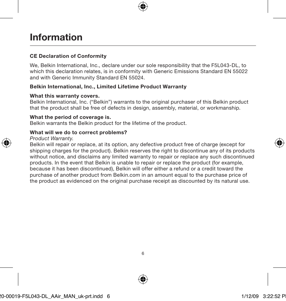 Information | Belkin Auto/Air Power Adapter For Dell Inspiron Mini 9 0-00019-F5L043 User Manual | Page 6 / 9