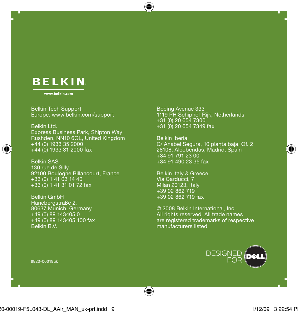 Belkin Auto/Air Power Adapter For Dell Inspiron Mini 9 0-00019-F5L043 User Manual | Page 9 / 9