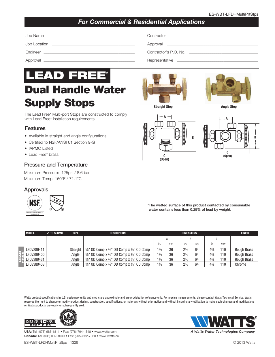 Watts LFDV389403 User Manual | 1 page