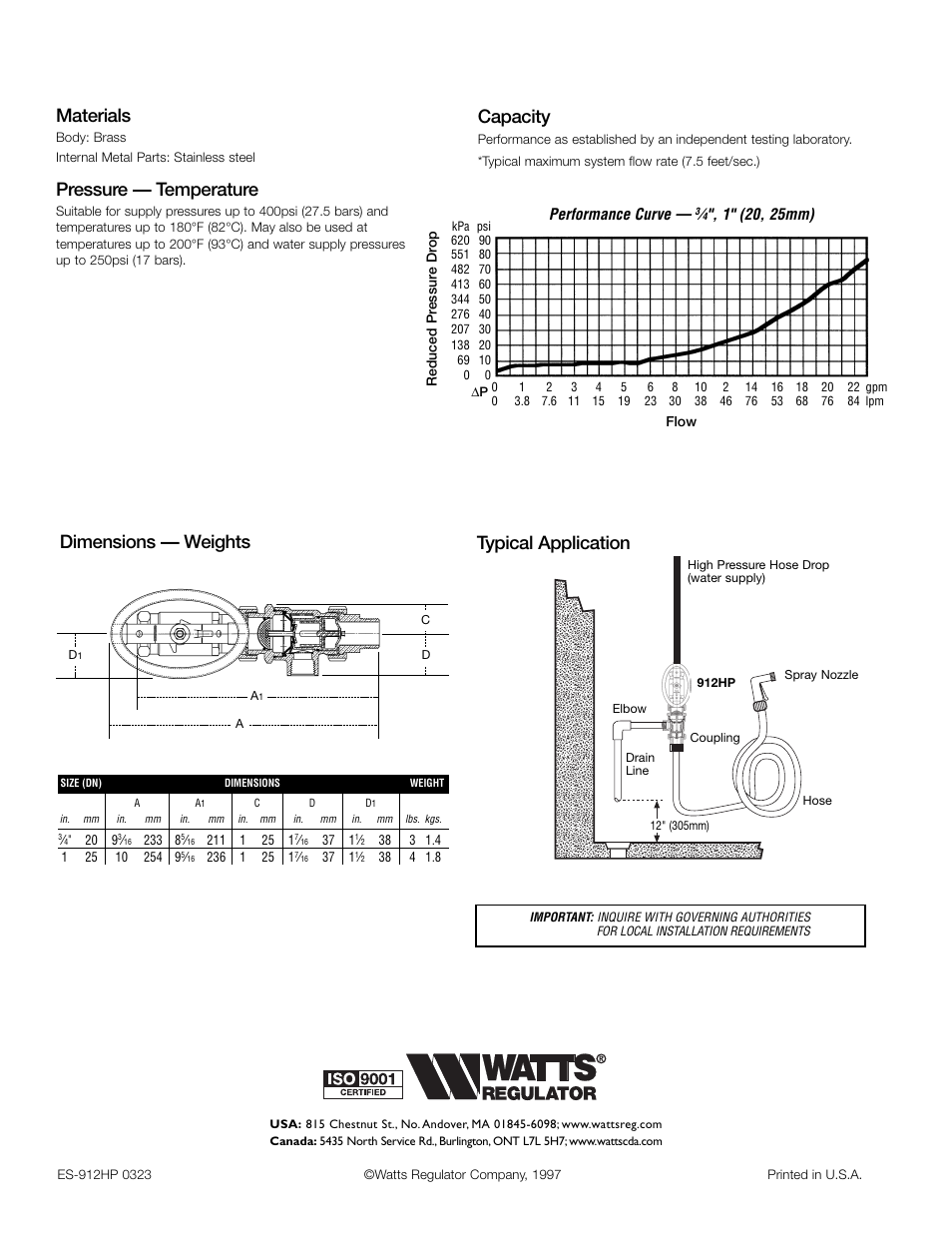 Materials, Pressure — temperature, Capacity | Dimensions — weights typical application | Watts 912HP User Manual | Page 2 / 2