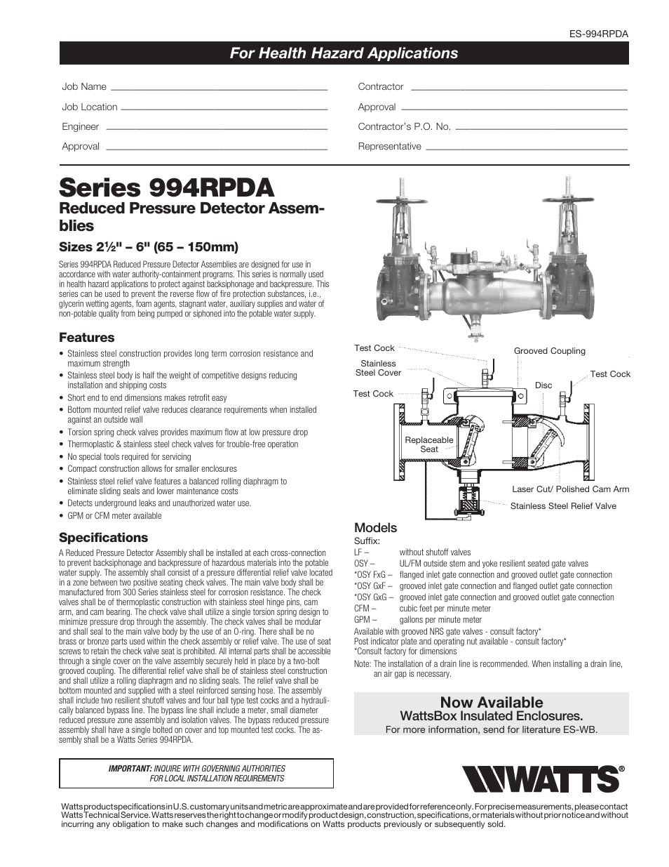 Watts 994RPDA User Manual | 2 pages