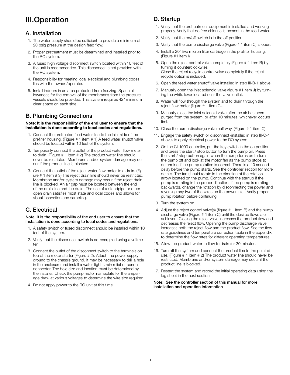 Iii.operation, A. installation, B. plumbing connections | C. electrical, D. startup | Watts PWR4021 User Manual | Page 5 / 16