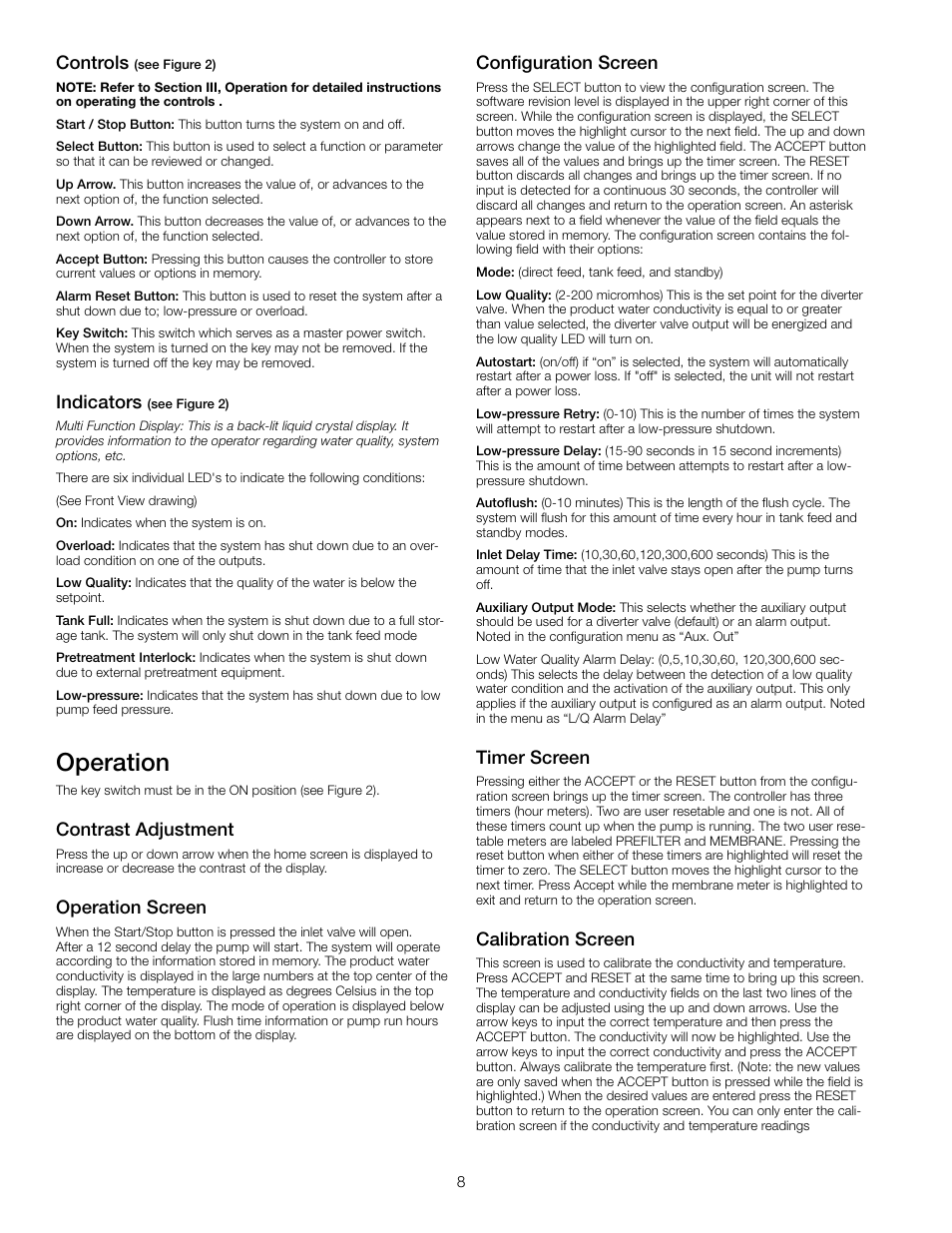 Operation, Controls, Indicators | Contrast adjustment, Operation screen, Configuration screen, Timer screen, Calibration screen | Watts PWR4021 User Manual | Page 8 / 16