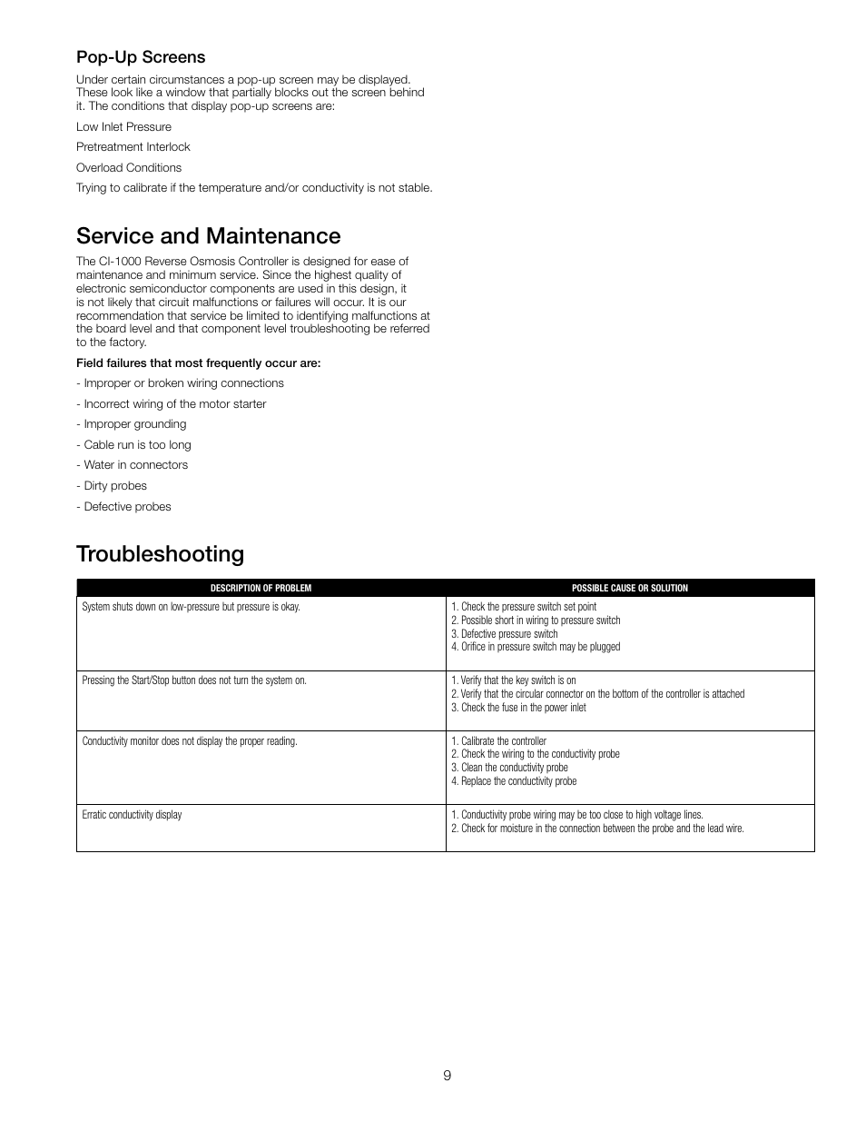 Service and maintenance, Troubleshooting, Pop-up screens | Watts PWR4021 User Manual | Page 9 / 16