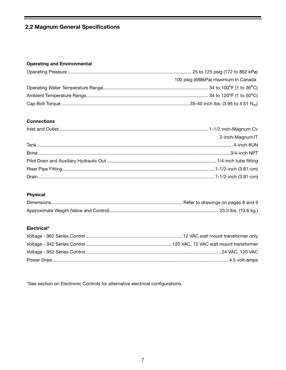 2 magnum general specifications | Watts Autotrol Magnum (CV+ Series) User Manual | Page 11 / 86