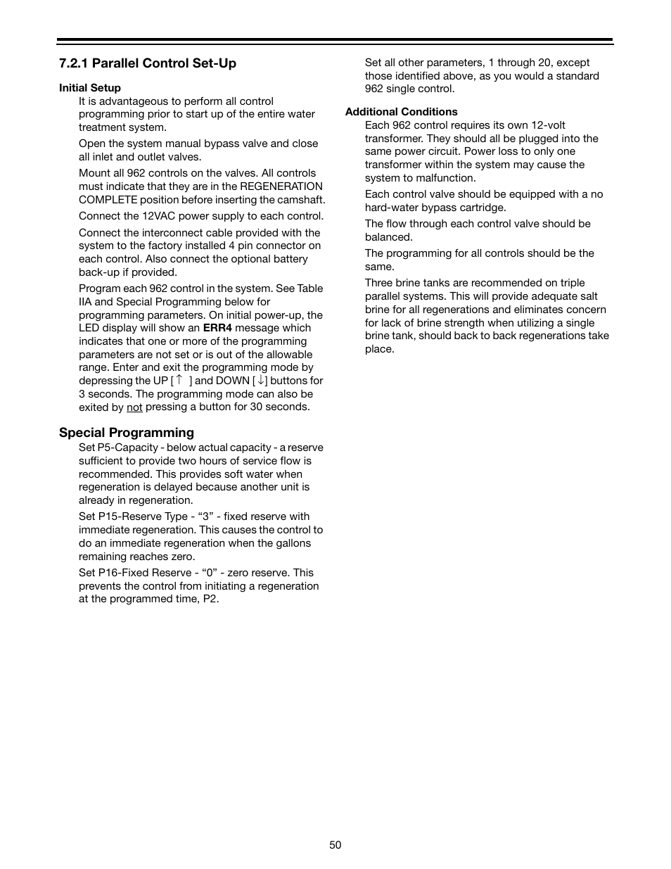 1 parallel control set-up, Special programming | Watts Autotrol Magnum (CV+ Series) User Manual | Page 54 / 86