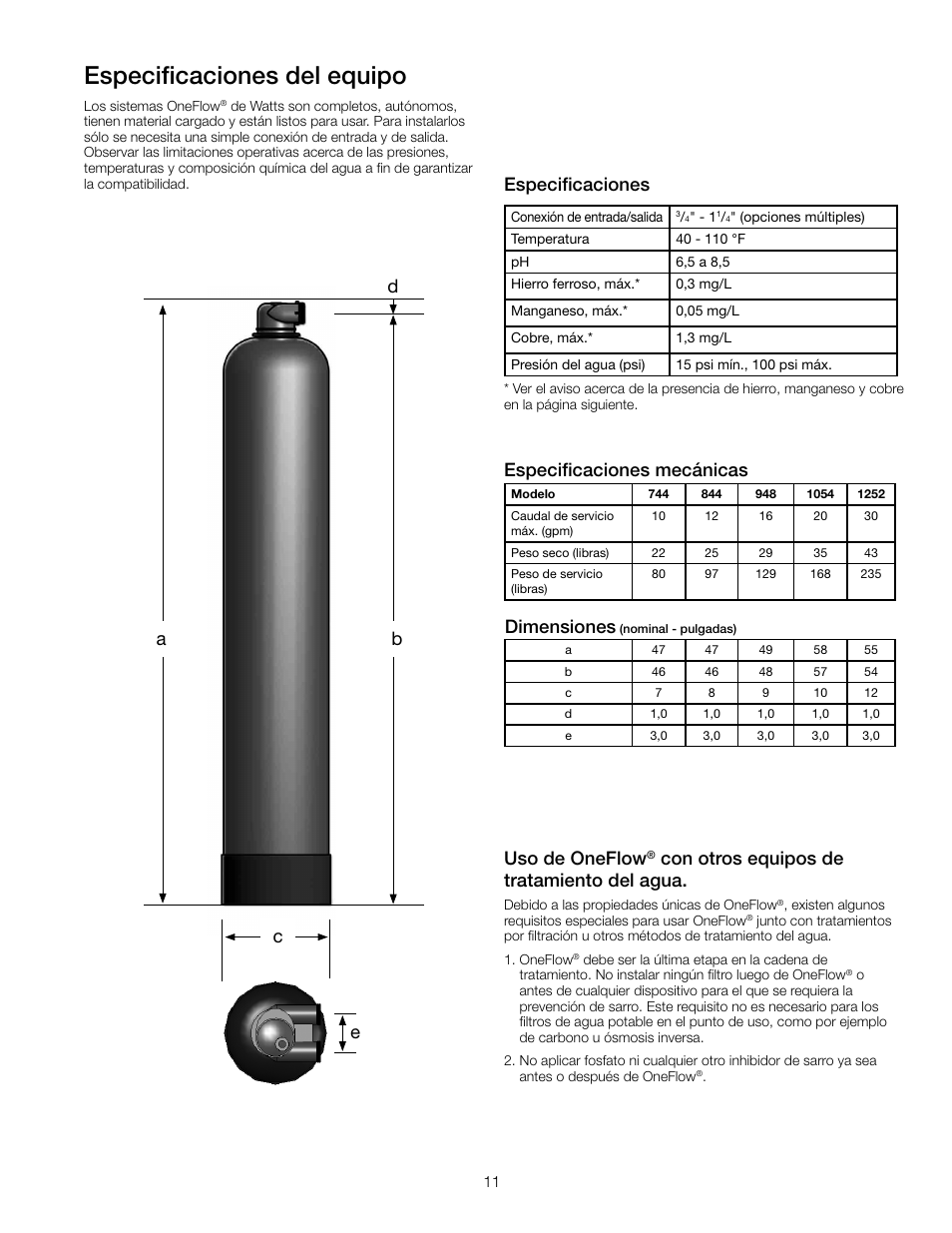 Especificaciones del equipo, Especificaciones, Especificaciones mecánicas | Dimensiones, Uso de oneflow, Con otros equipos de tratamiento del agua, Ab c e d | Watts OF948-16 User Manual | Page 11 / 24